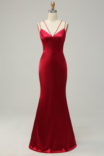 Burgundy Mermaid Spaghetti Straps Satin Bridesmaid Dress with Open Back